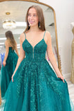 A-Line Spaghetti Straps Corset Emerald Green Long Prom Dress PSK626