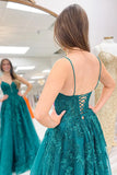 A-Line Spaghetti Straps Corset Emerald Green Long Prom Dress PSK626