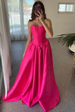 A-Line Strapless Crew Neck Corset Satin Hot Pink Prom Dress PSK671