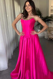 A-Line Strapless Crew Neck Corset Satin Hot Pink Prom Dress PSK671-Pgmdress