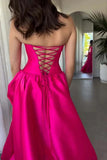 A-Line Strapless Crew Neck Corset Satin Hot Pink Prom Dress PSK671-Pgmdress