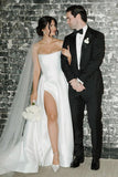 A-Line Strapless Simple White Satin Wedding Dress with Slit WD768-Pgmdress