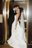 A-Line Strapless Simple White Satin Wedding Dress with Slit WD768-Pgmdress