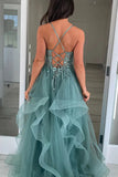 A-Line Straps Appliques Tulle Grey Green Long Prom Dress PSK644-Pgmdress