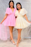 A-Line V Neck Pink Homecoming Dress With Flutter Sleeves PD506-Pgmdress