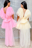 A-Line V Neck Pink Homecoming Dress With Flutter Sleeves PD506-Pgmdress