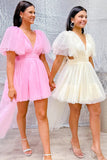 A-Line V Neck Pink Homecoming Dress With Flutter Sleeves PD506-Pgmdress