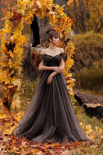 A-line Off Shoulder Simple Black Forest Wedding Dresses WD690
