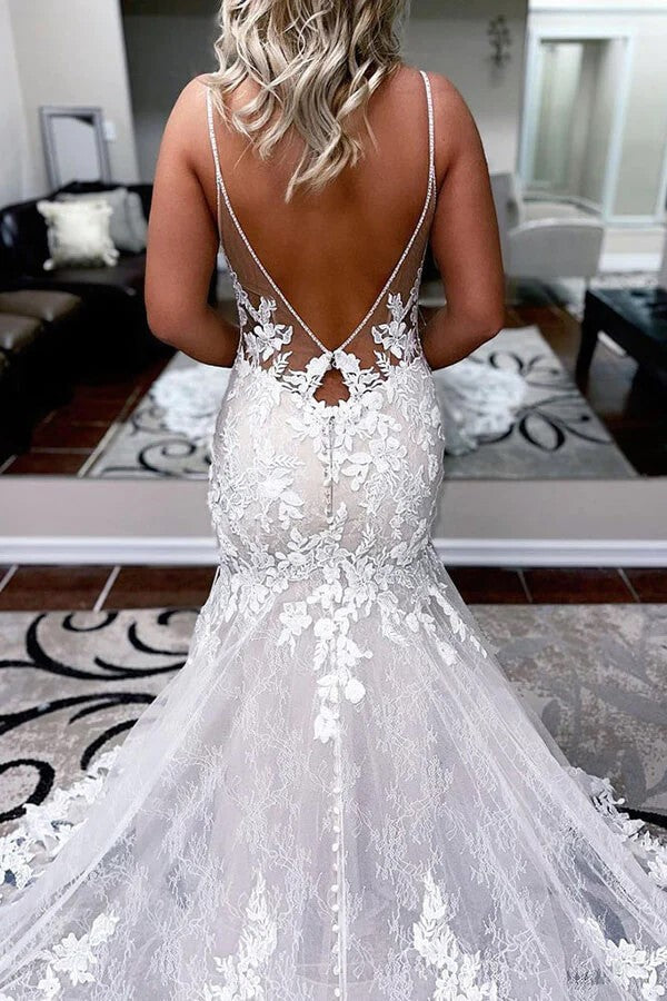A-line Spaghetti Straps Mermaid Wedding Dress With Lace Appliques – Pgmdress