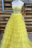 A-line Strapless Layered Yellow Long Prom Dress Party Dress PSK621-Pgmdress