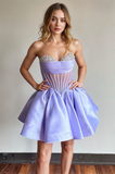 Robe de soirée lavande à corsage transparent et bustier en A PD539