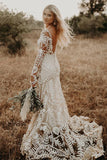 Sheath Unique Lace Long Sleeves Bohemian Wedding Dress  WD752-Pgmdress