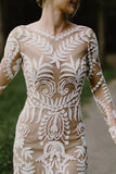 Sheath Unique Lace Long Sleeves Bohemian Wedding Dress  WD752-Pgmdress