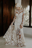 Sheath Unique Lace Long Sleeves Bohemian Wedding Dress  WD752-Pgmdress