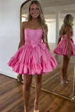 A Line Fuchsia Strapless Ruffle Cute Homecoming Dress with Bow PD558-Pgmdress