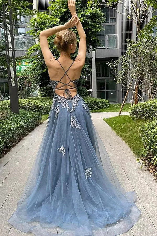 A-line Corset Off The Shoulder Floor Length Tulle Prom Dress with lace  appliques