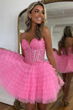 A Line Strapless Tulle Pink Homecoming Dress With Beading PD572