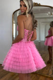 A Line Strapless Tulle Pink Homecoming Dress With Beading PD572