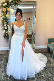 A Line V Neck Tulle Boho Wedding Dress with Appliques WD758-Pgmdress