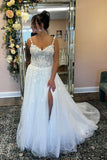 A Line V Neck Tulle Boho Wedding Dress with Appliques WD758-Pgmdress