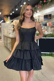 Black Straps Satin A-Line Short Corset Homecoming Dress With Bow PD543-Pgmdress