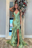 Charming Mermaid V Neck Satin Tiered Slit Sage Prom Dress PSK695-Pgmdress