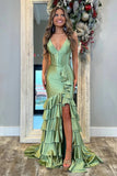 Charming Mermaid V Neck Satin Tiered Slit Sage Prom Dress PSK695-Pgmdress