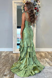 Charming Mermaid V Neck Satin Tiered Slit Sage Prom Dress PSK695-Pgmdress