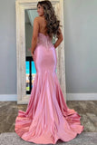 Classy Halter V-Neck Appliques Mermaid Pink Prom Dress PSK691-Pgmdress