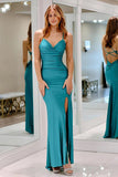 Cowl Neck Satin Mermaid Blue Long Prom Dress with Slit PSK608-Pgmdress