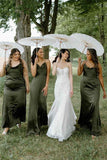 Cowl Neck Spaghetti Straps Satin Pleated Olive Bridesmaid Dress BD149