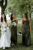 Cowl Neck Spaghetti Straps Satin Pleated Olive Bridesmaid Dress BD149