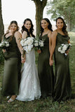 Cowl Neck Spaghetti Straps Satin Pleated Olive Bridesmaid Dress BD149