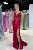 Cute Mermaid V Neck Burgundy Satin Prom Dress with Appliques PSK684