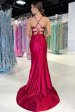 Cute Mermaid V Neck Burgundy Satin Prom Dress with Appliques PSK684