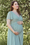 Dusty Sage V-Neck Maternity Bridesmaid Dress with Flared Sleeves BD129-Pgmdress