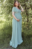 Dusty Sage V-Neck Maternity Bridesmaid Dress with Flared Sleeves BD129-Pgmdress