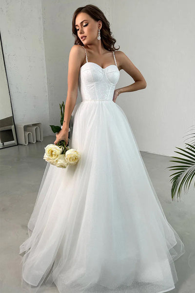 Classic Spaghetti Straps V-Neck Beach Simple Ivory Wedding Dress