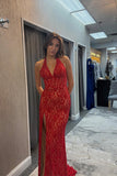 Elegant Halter Lace Applique Mermaid Red Prom Dress with Slit PSK702-Pgmdress