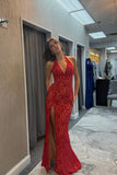 Elegant Halter Lace Applique Mermaid Red Prom Dress with Slit PSK702-Pgmdress