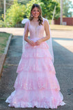 Fairy A Line V Neck Pink Long Prom Dress with Appliques PSK614