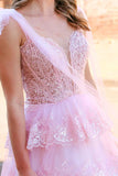 Fairy A Line V Neck Pink Long Prom Dress with Appliques PSK614-Pgmdress