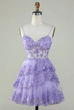 Glitter Lace Corset Ruffle Tiered Lavender Homecoming Dress PD503-Pgmdress