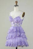 Glitter Lace Corset Ruffle Tiered Lavender Homecoming Dress PD503-Pgmdress