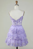 Glitter Lace Corset Ruffle Tiered Lavender Homecoming Dress PD503-Pgmdress