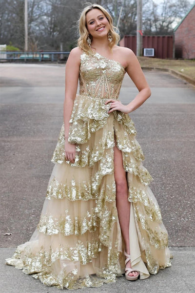 pgmdress Gold Tulle Sequin One-Shoulder Ruffle Long Prom Dress with Slit PSK489 US6 / Black