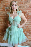 Green Straps A-Line Tulle Tiered Short Corset Homecoming Dress PD545-Pgmdress