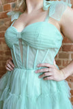 Green Straps A-Line Tulle Tiered Short Corset Homecoming Dress PD545-Pgmdress