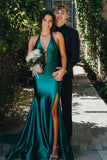 Halter V-Neck Mermaid Sleeveless Green Prom Dress with Train PSK630