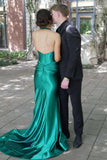 Halter V-Neck Mermaid Sleeveless Green Prom Dress with Train PSK630-Pgmdress